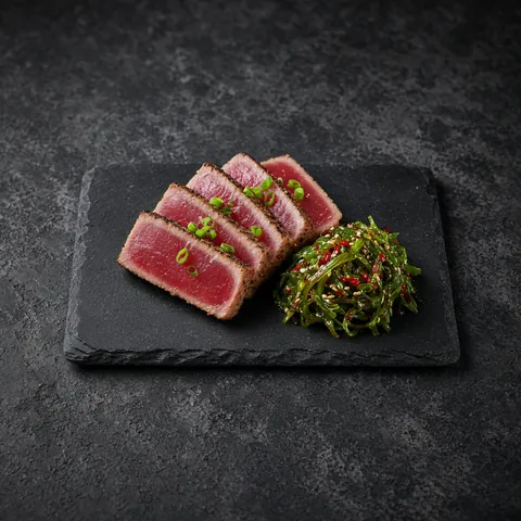 Seared tuna tataki slices with spicy seaweed salad on a slate board
