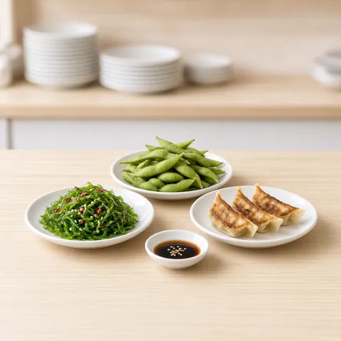 Small plates of spicy seaweed salad, edamame and pan-fried gyoza with dipping sauce