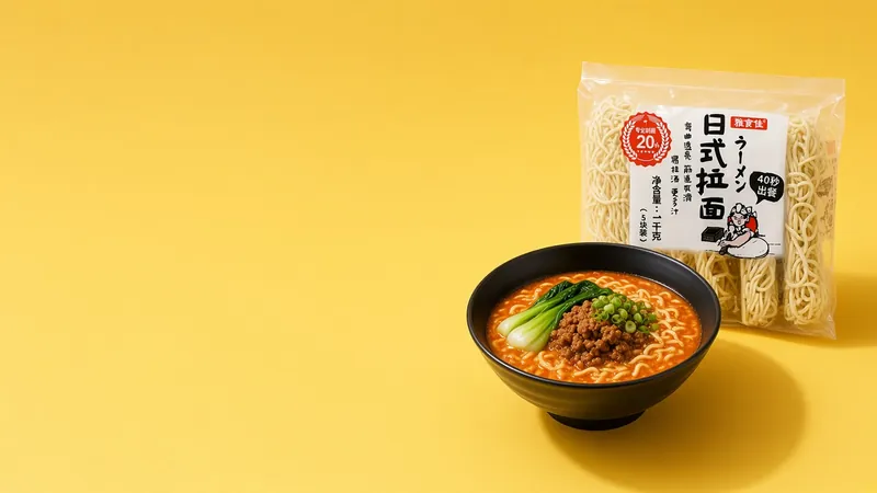 Black bowl of tantanmen ramen with minced pork, bok choy and spring onion on a yellow backdrop beside a QING ramen noodle pack