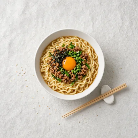 Overhead bowl of brothless mazesoba with minced pork, egg yolk, nori and chives