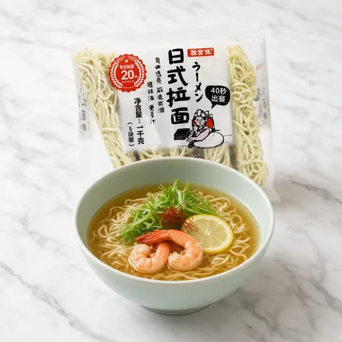 Clear shio ramen with prawns, a citrus slice and mizuna in front of a QING ramen noodle pack
