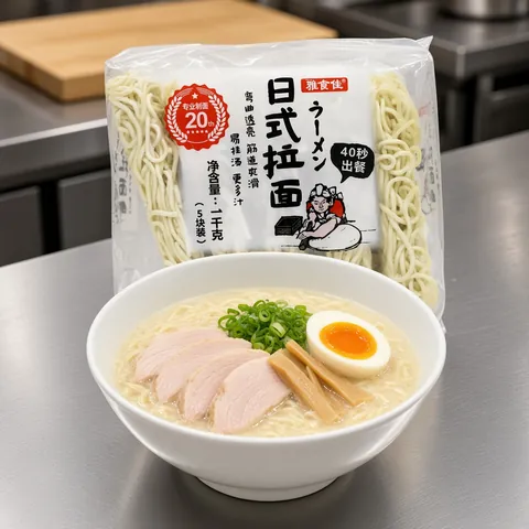 Creamy chicken paitan ramen with sliced chicken, soft egg and bamboo shoots in front of a QING ramen noodle pack