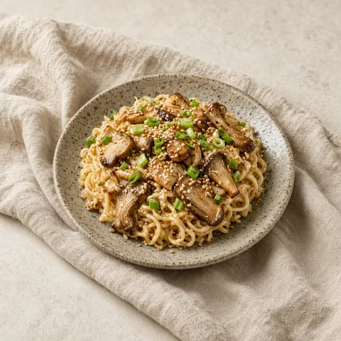 Ramen noodles tossed with butter, garlic, shiitake and oyster mushrooms on a speckled ceramic plate