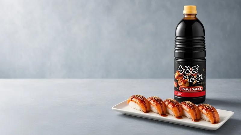 Row of glazed nigiri drizzled with glossy sweet sauce and sesame on a stone counter beside a QING unagi sauce bottle