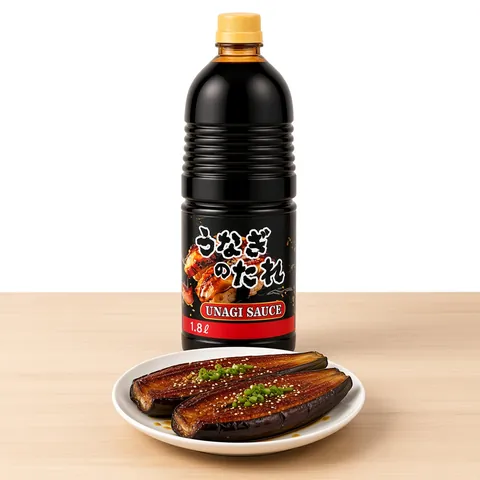 Grilled aubergine halves lacquered with sweet unagi glaze in front of a QING unagi sauce bottle