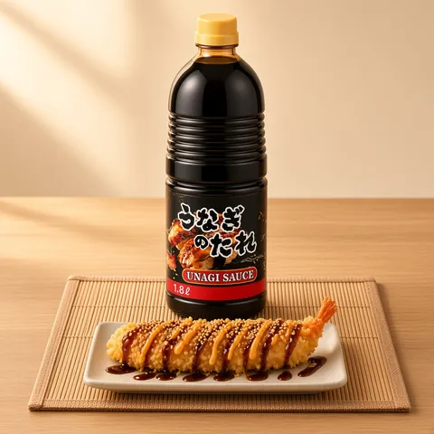 Prawn tempura drizzled with sweet unagi sauce and spicy mayo in front of a QING unagi sauce bottle
