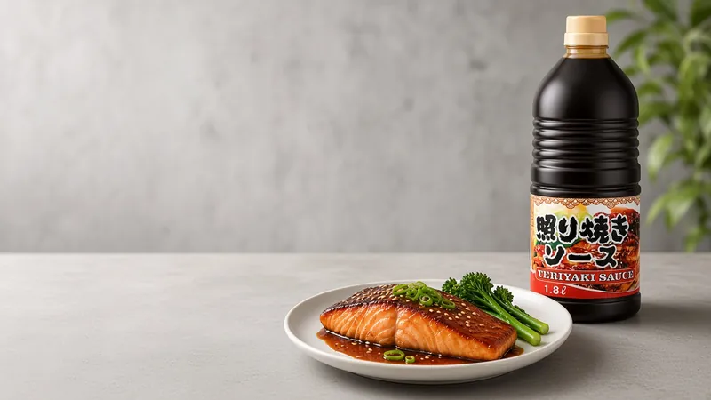 Teriyaki-glazed salmon fillet with broccolini on a concrete counter beside a QING teriyaki sauce bottle