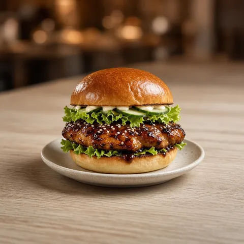 Teriyaki chicken burger with lettuce, cucumber and mayo in a brioche bun
