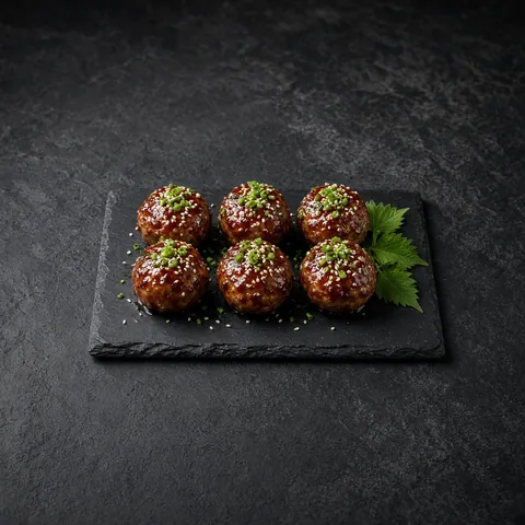 Teriyaki-glazed chicken meatballs with sesame and spring onion on a slate board