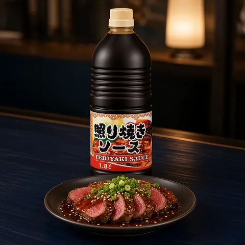 Sliced seared beef glazed with teriyaki and spring onion in front of a QING teriyaki sauce bottle