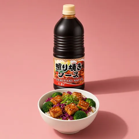 Teriyaki tofu rice bowl with broccoli and red cabbage in front of a QING teriyaki sauce bottle
