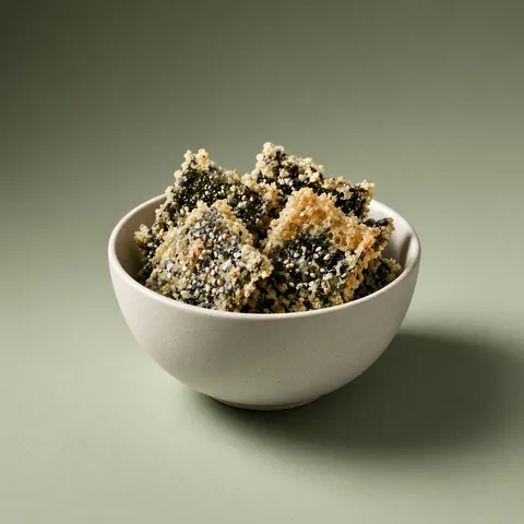 Nori tempura crisps with sea salt and sesame in a small bowl