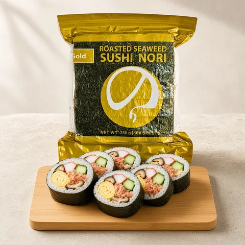 Futomaki slices with colourful fillings in front of a GGFT Gold sushi nori bag