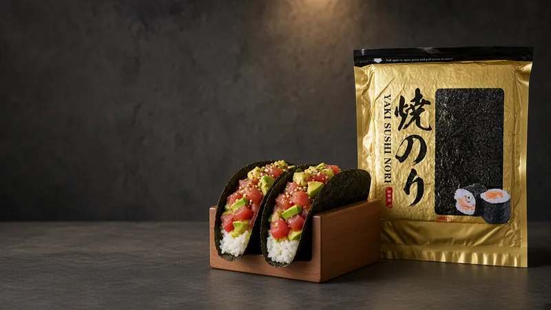 Two nori tacos filled with rice, spicy tuna and avocado in a wooden holder beside a Gold and Black Yaki Sushi Nori bag