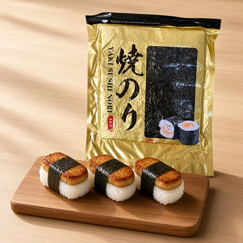 Teriyaki chicken musubi wrapped in nori bands in front of a Yaki Sushi Nori bag