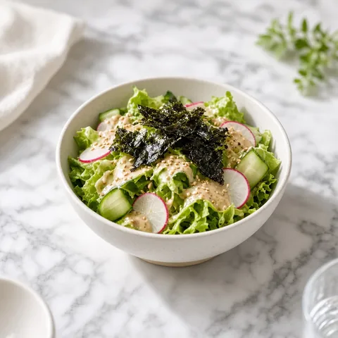 Japanese green salad topped with torn nori shards and sesame