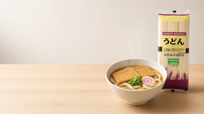 Bowl of kitsune udon with sweet fried tofu and spring onion beside a Green Label udon pack