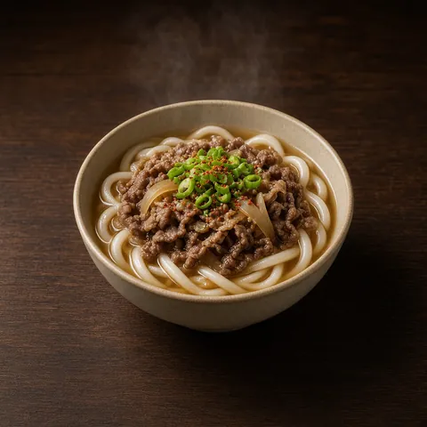 Niku udon topped with sweet soy-simmered beef and spring onion