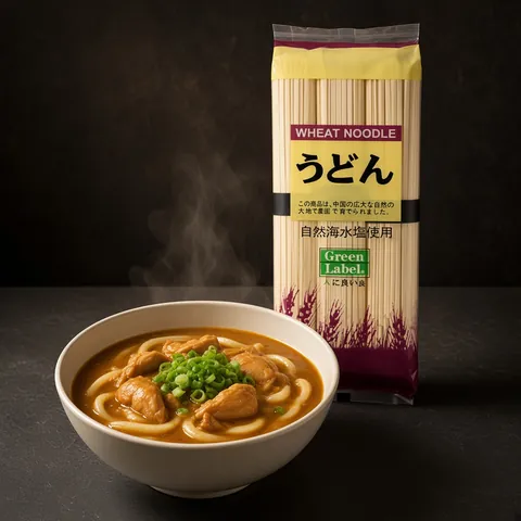 Curry udon with chicken in a golden Japanese curry broth in front of a Green Label udon pack