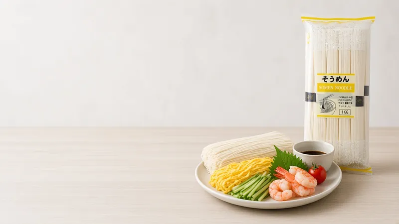 Chilled somen platter with egg ribbons, cucumber, prawns and tomato beside a QING somen pack