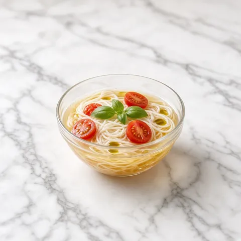 Chilled somen in a light tomato broth with cherry tomatoes and basil