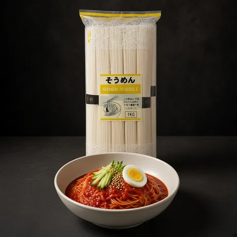 Korean-style spicy chilled somen with cucumber and egg in front of a QING somen pack