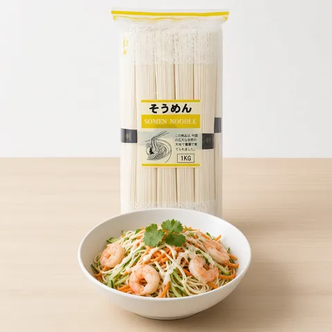 Somen salad with prawns, cucumber and sesame dressing in front of a QING somen pack