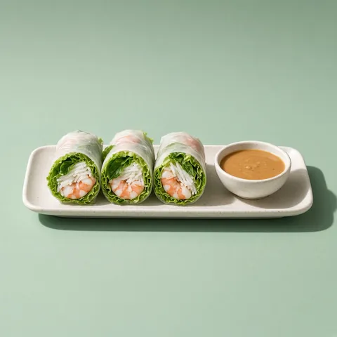 Rice-paper summer rolls filled with somen, prawns and herbs with peanut sauce