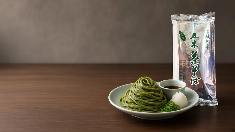 Nests of chilled green matcha soba on a celadon plate with dipping sauce beside a QING matcha noodles pack