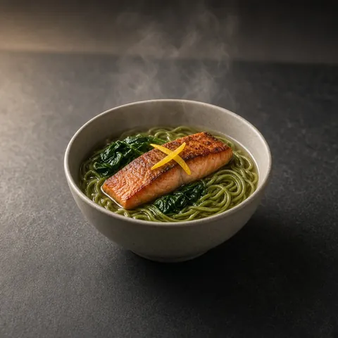 Green matcha soba in hot broth with seared salmon and spinach