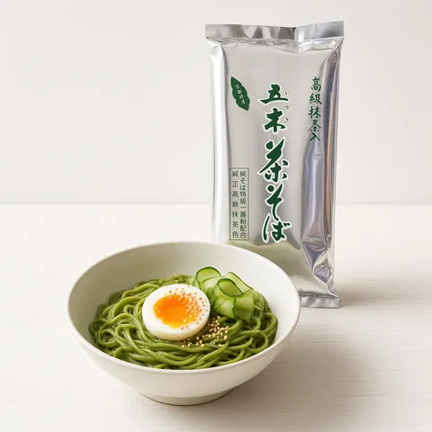 Chilled matcha soba with soft egg, cucumber and sesame in front of a QING matcha noodles pack