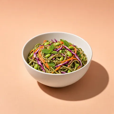 Matcha soba salad with edamame, red cabbage and sesame dressing