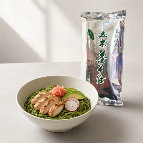 Matcha soba bowl with grilled chicken, avocado and radish in front of a QING matcha noodles pack