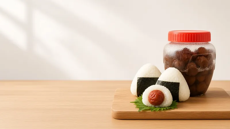 Triangle onigiri, one opened to show its umeboshi centre, on a small board beside a QING umeboshi jar