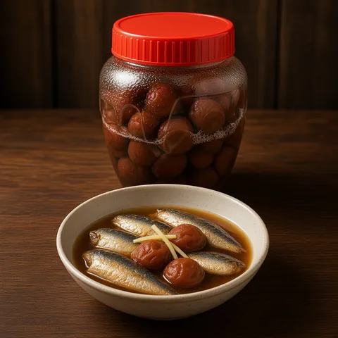 Sardines simmered with umeboshi and ginger in front of a QING umeboshi jar