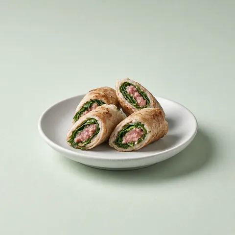 Pan-fried pork rolls with shiso and ume paste cut to show the spiral