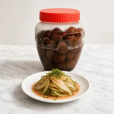 Daikon and cucumber ribbons in ume dressing in front of a QING umeboshi jar