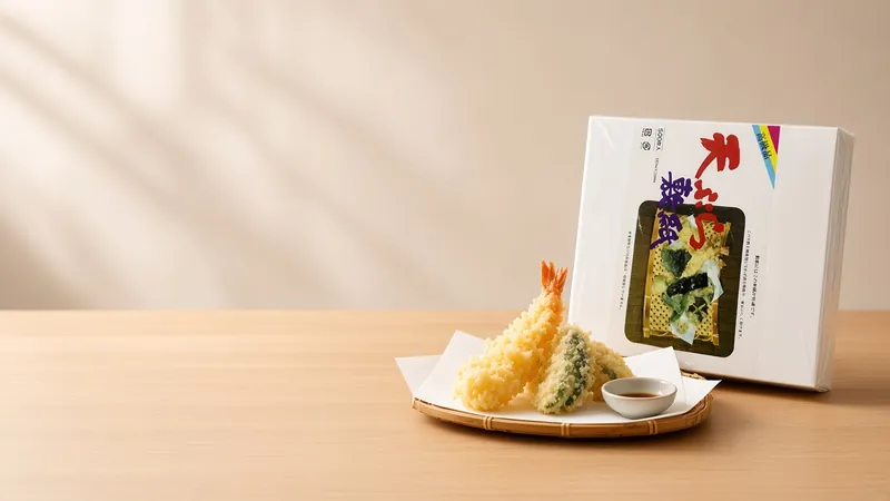 Prawn and vegetable tempura on folded white tempura paper on a bamboo tray beside a QING tempura paper pack