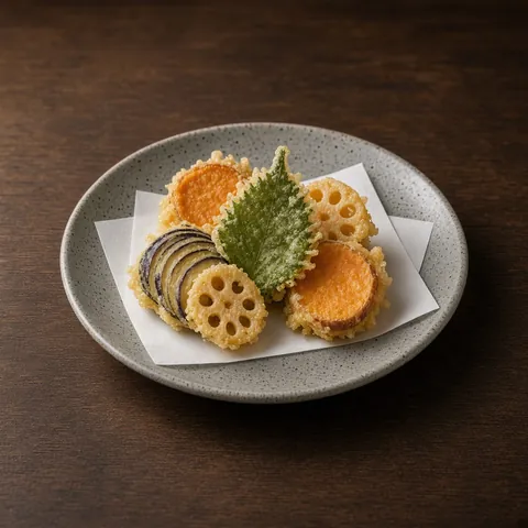 Vegetable tempura of sweet potato, shiso, aubergine and lotus root on white tempura paper