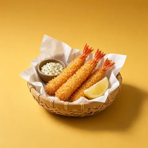 Panko ebi fry prawns in a bamboo basket lined with white tempura paper