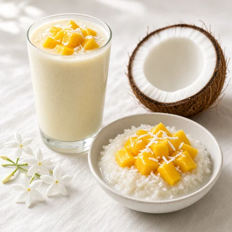 Mango coconut smoothie and coconut sticky rice with mango