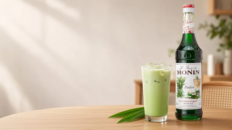 Monin Pandan Syrup bottle in a drinks setting