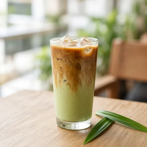 An iced pandan latte with pale green milk layered over coffee