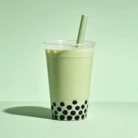 A pandan milk tea with tapioca pearls and a wide straw