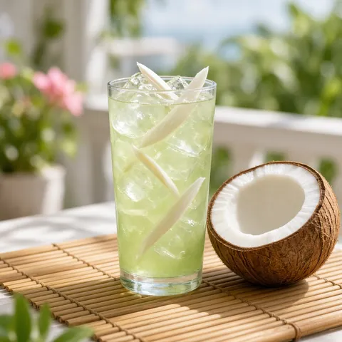 A pale green pandan coconut cooler in a glass with coconut chunks