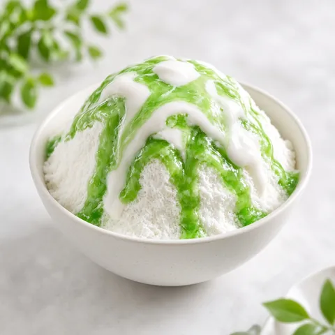 A bowl of shaved ice drizzled with green pandan syrup and coconut cream
