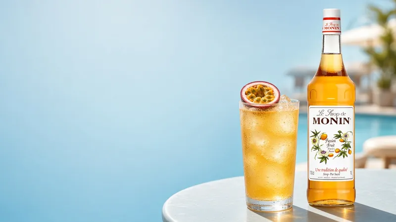 Monin Passion Fruit Syrup bottle in a drinks setting