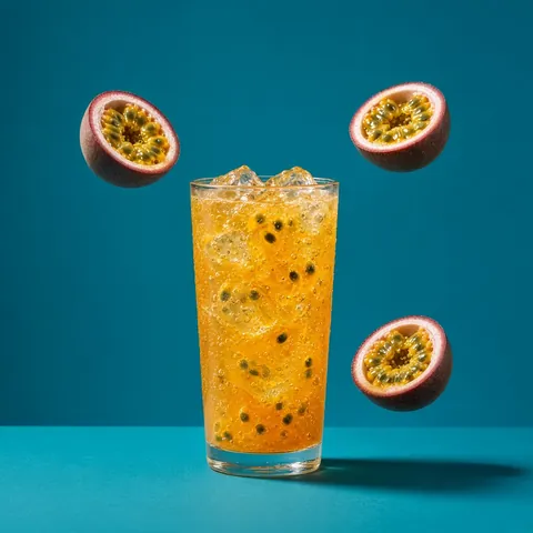 A sparkling orange-gold passion fruit soda with ice