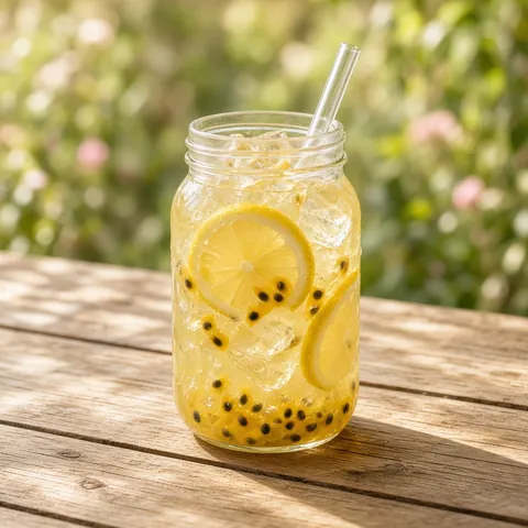 A passion fruit lemonade with lemon and ice in a mason jar