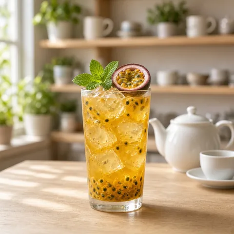 A tall passion fruit black iced tea with mint
